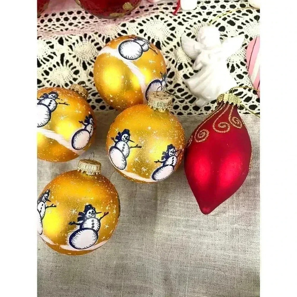 Lot of 14 VTG Christmas Ornaments Hearts Ceramic Glass Snowman Cracked Glitter - Picture 10 of 13